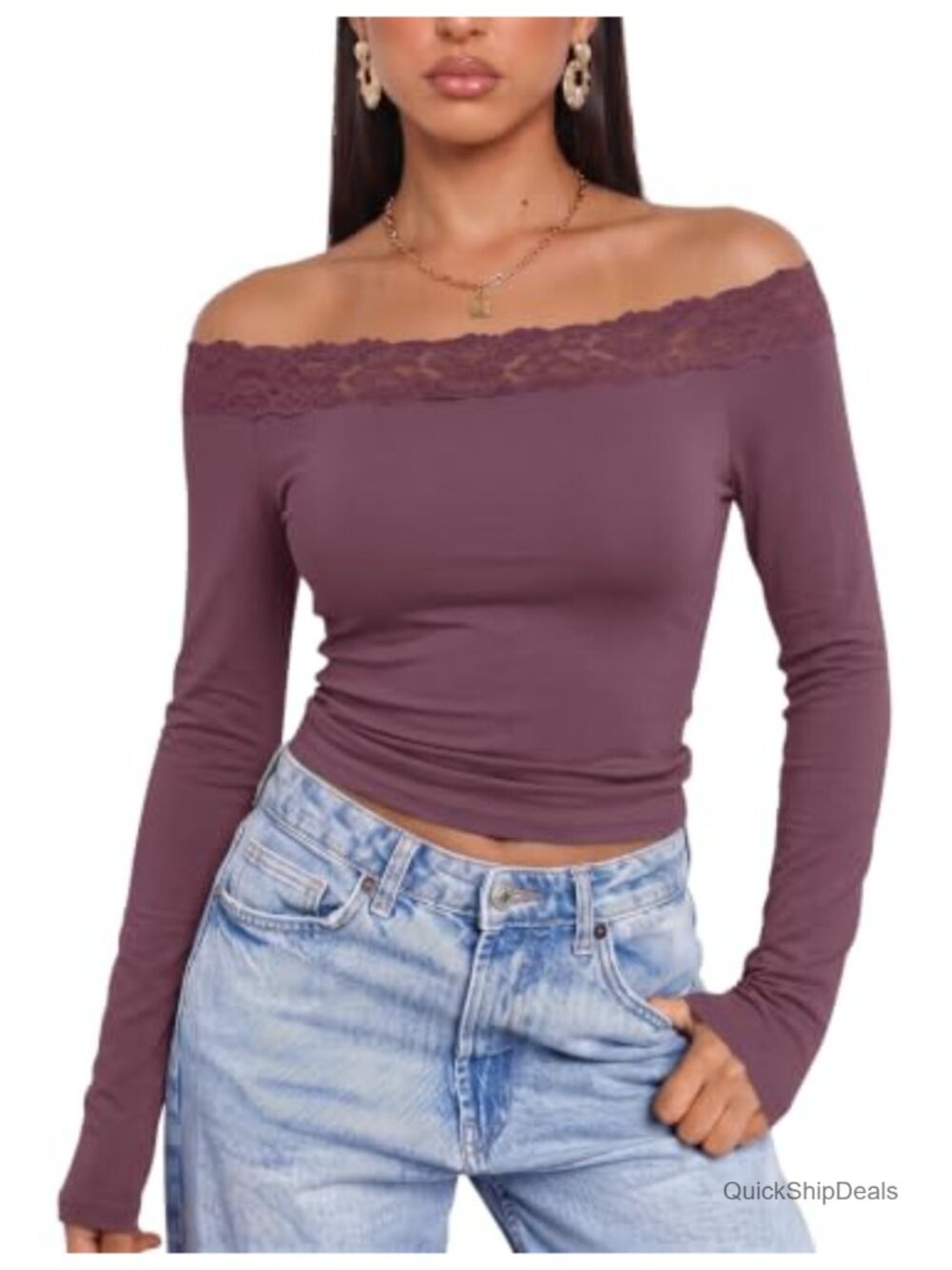 Women Lace Trim Off The Shoulder Long Sleeve Top Y2K Slim Fit